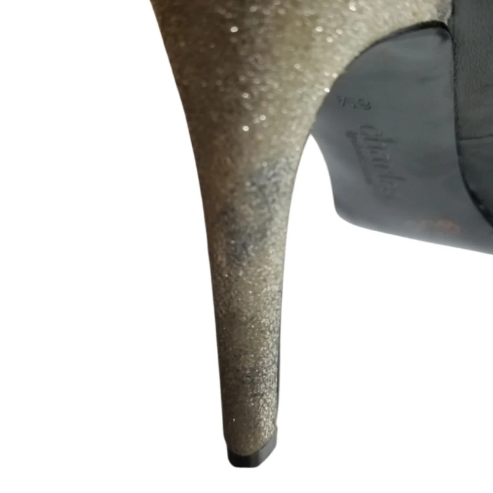 CHARLES By Charles David Black Leather Platform Pump Embellished Glitter Heel 8.